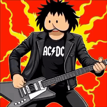 A Cartoon Of A Man Playing A Guitar With A Shirt That Says Ac Dc On It GIF