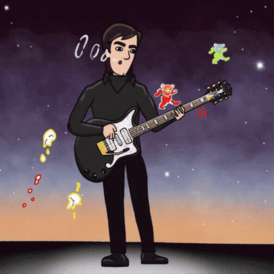 A Cartoon Of A Man Playing A Guitar With A Teddy Bear Behind Him GIF