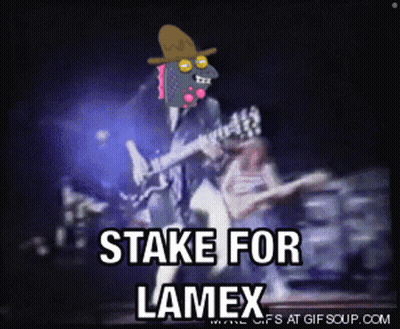 A Cartoon Of A Man Playing A Guitar With The Words " Stake For Lamex " Below Him GIF