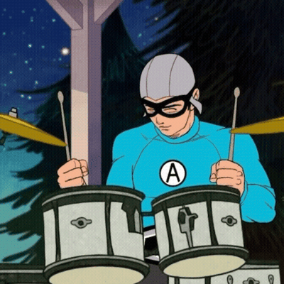 A Cartoon Of A Man Playing Drums With The Letter A On His Chest GIF