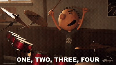 A Cartoon Of A Man Playing Drums With The Words One Two Three Four GIF