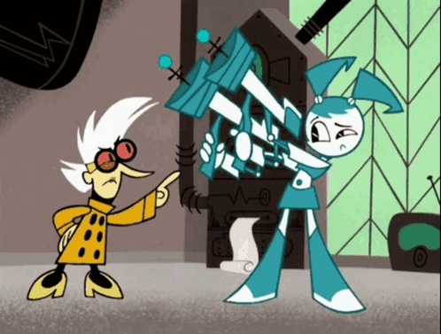 A Cartoon Of A Man Pointing At A Robot That Has The Letter B On It GIF