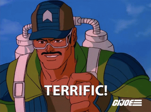 A Cartoon Of A Man Pointing With The Word Terrific Written Below Him GIF