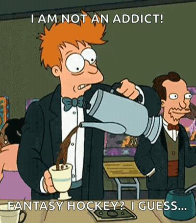 A Cartoon Of A Man Pouring Coffee Into A Cup With The Caption I Am Not An Addict Fantasy Hockey ? I Guess ... GIF