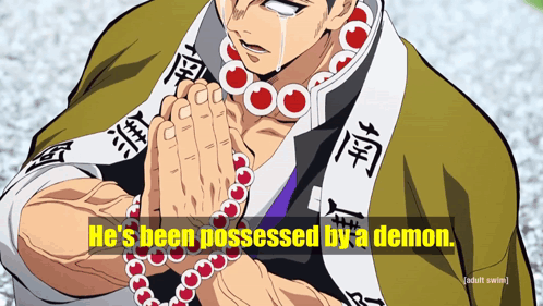 A Cartoon Of A Man Praying With The Words He 'S Been Possessed By A Demon Above Him GIF