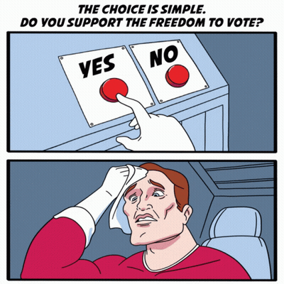 A Cartoon Of A Man Pressing A Yes Or No Button GIF