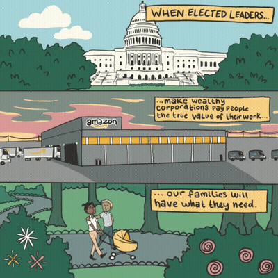 A Cartoon Of A Man Pushing A Baby In Front Of An Amazon Building GIF