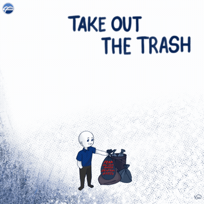 A Cartoon Of A Man Putting A Bag Of Trash Into A Trash Can GIF