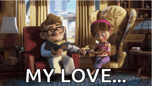 A Cartoon Of A Man Reading A Book To A Girl With The Words " My Love " Written Below Them GIF