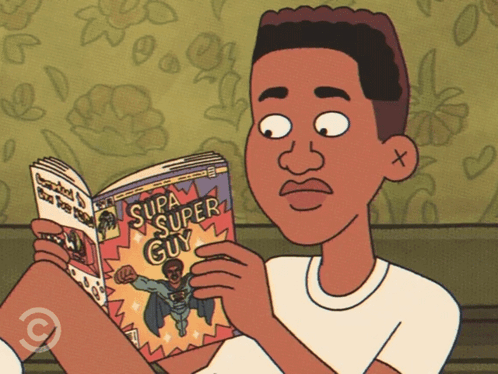 A Cartoon Of A Man Reading A Comic Book Called Super Guy GIF