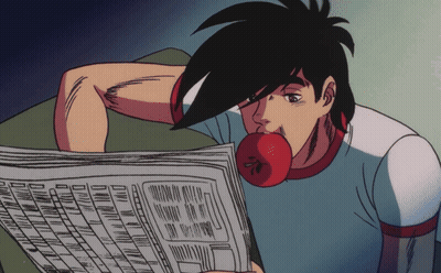 A Cartoon Of A Man Reading A Newspaper With An Apple In His Mouth GIF