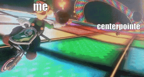 A Cartoon Of A Man Riding A Bike With The Words " Me Centerpointe " Below Him GIF