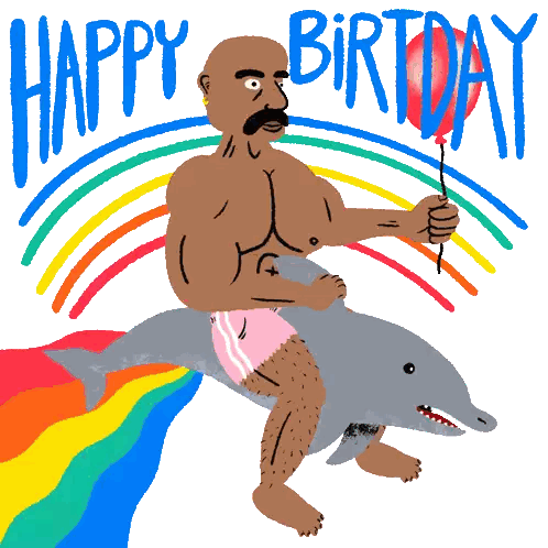 A Cartoon Of A Man Riding A Dolphin With The Words " Happy Birthday " Above Him Sticker