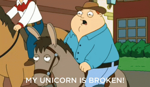 A Cartoon Of A Man Riding A Donkey With The Words My Unicorn Is Broken GIF