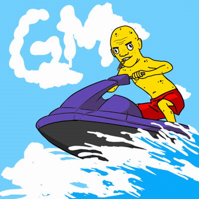 A Cartoon Of A Man Riding A Jet Ski In The Ocean GIF