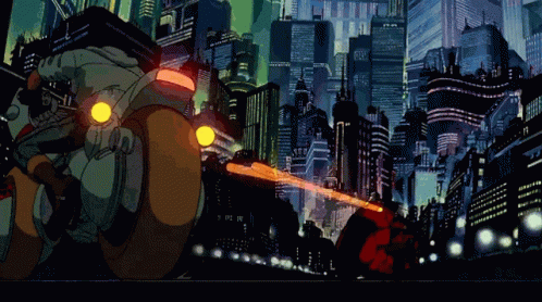 A Cartoon Of A Man Riding A Motorcycle In A Futuristic City With The Number 7 On The Side GIF