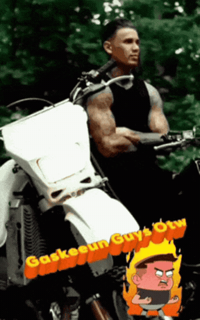 A Cartoon Of A Man Riding A Motorcycle With The Words Gaskooun Guys Otw On The Bottom GIF