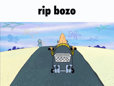 A Cartoon Of A Man Riding A Motorcycle With The Words Rip Bozo On The Bottom GIF