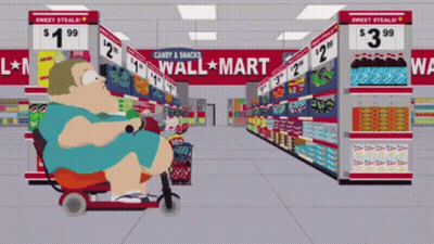 A Cartoon Of A Man Riding A Scooter In A Wal Mart GIF