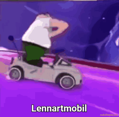 A Cartoon Of A Man Riding A Toy Car With The Words Lennartmobil Written On The Bottom GIF