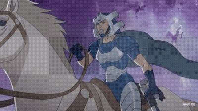 A Cartoon Of A Man Riding On The Back Of A White Horse With A Hammer In His Hand GIF