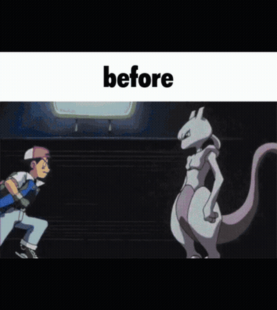 A Cartoon Of A Man Running Away From A Purple And White Pokemon With The Words Before Below It GIF