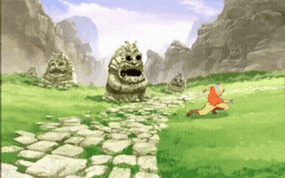 A Cartoon Of A Man Running In A Field With A Statue In The Background GIF
