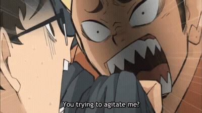 A Cartoon Of A Man Screaming At Another Man With The Words `` You Trying To Agitate Me ? '' GIF