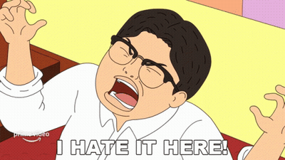 A Cartoon Of A Man Screaming With The Words " I Hate It Here " Below Him GIF