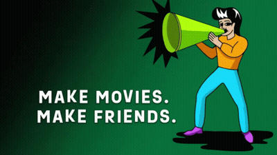 A Cartoon Of A Man Shouting Into A Megaphone With The Words Make Movies Make Friends Below Him GIF