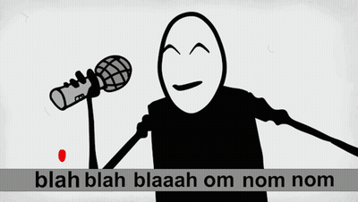 a cartoon of a man singing into a microphone with the words blah blah blaaah om nom nom written below him