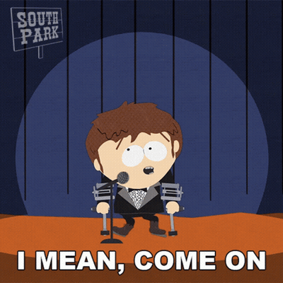 A Cartoon Of A Man Singing Into A Microphone With The Words I Mean Come On Below Him GIF