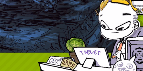 A Cartoon Of A Man Sitting At A Desk With A Tablet On It GIF