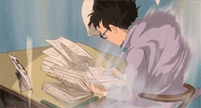 A Cartoon Of A Man Sitting At A Desk With Papers On It GIF