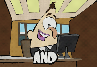 A Cartoon Of A Man Sitting At A Desk With The Word " And " Above Him GIF