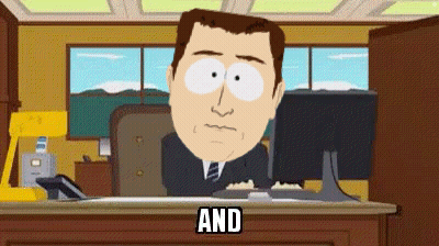 A Cartoon Of A Man Sitting At A Desk With The Words " And " Written Below Him GIF