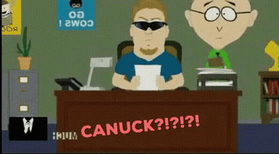 A Cartoon Of A Man Sitting At A Desk With The Words " Canuck " Written On It GIF