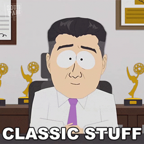 A Cartoon Of A Man Sitting At A Desk With The Words Classic Stuff Above Him GIF