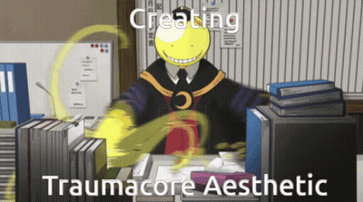 A Cartoon Of A Man Sitting At A Desk With The Words Creating Traumacore Aesthetic GIF