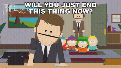A Cartoon Of A Man Sitting At A Desk With The Words " Will You Just End This Thing Now " Below Him GIF