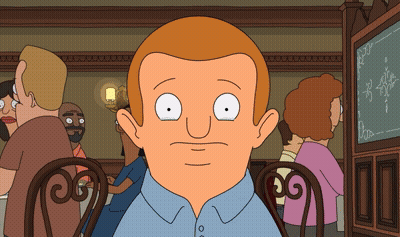 A Cartoon Of A Man Sitting At A Table In Front Of A Menu GIF