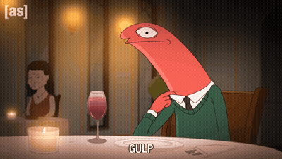 A Cartoon Of A Man Sitting At A Table With A Glass Of Wine And The Word Gulp On The Bottom GIF