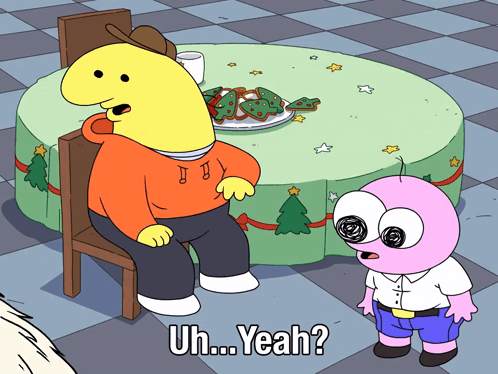 A Cartoon Of A Man Sitting At A Table With A Plate Of Gingerbread Cookies And The Words Uh Yeah GIF
