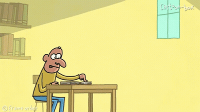 A Cartoon Of A Man Sitting At A Table With Cartoon Box Written On The Window Behind Him GIF