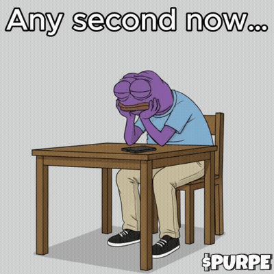 A Cartoon Of A Man Sitting At A Table With The Words Any Second Now On The Bottom GIF