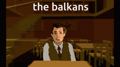A Cartoon Of A Man Sitting At A Table With The Words The Balkans Behind Him GIF