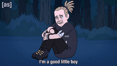 A Cartoon Of A Man Sitting Down With The Words I 'M A Good Little Boy Above Him GIF