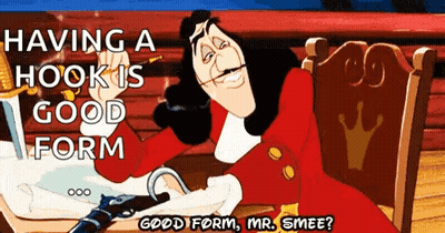 A Cartoon Of A Man Sitting In A Chair Holding A Sword And A Hook . GIF