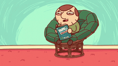 A Cartoon Of A Man Sitting In A Chair Reading A Book Called Where 'S Waldo GIF
