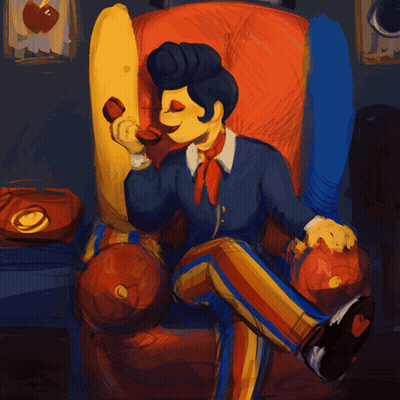 A Cartoon Of A Man Sitting In A Chair Talking On A Telephone GIF